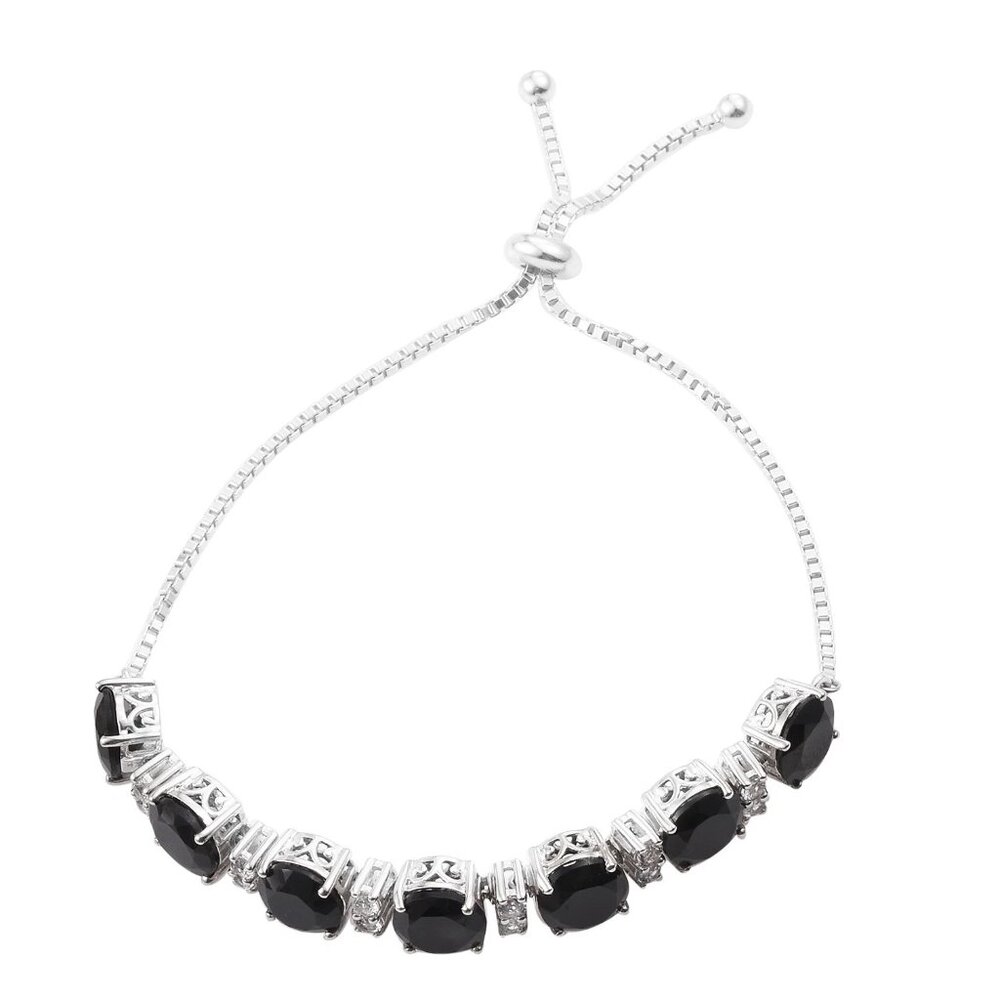 Rhodium Plated Sterling Silver Bracelet With Black Spinel And White Topaz
